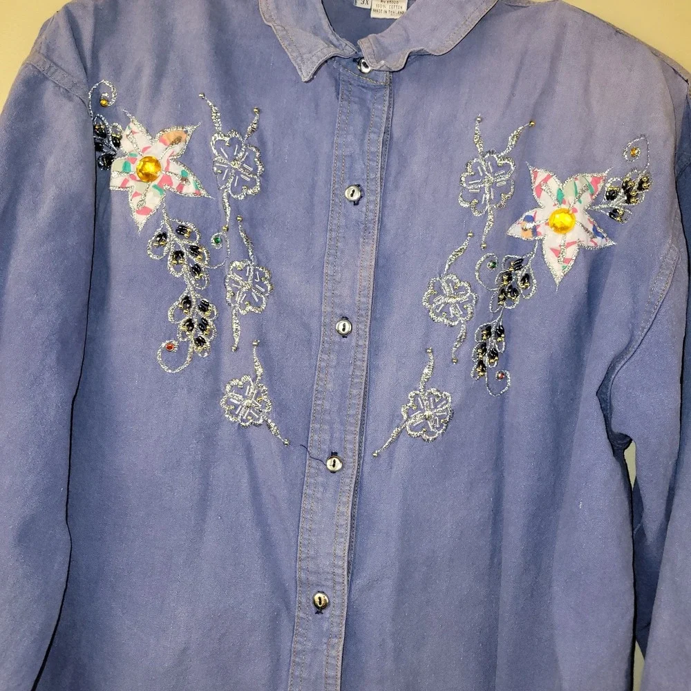 Vintage Carolina Bay Plus 3X 2 Pc‎ Blue Embroidered Skirt Set Cotton Floral